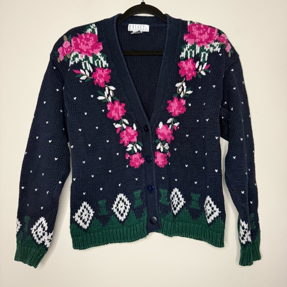VTG RALSEY Cottagecore Grandmacore Rose Floral Cozy Cotton Button Up Cardigan